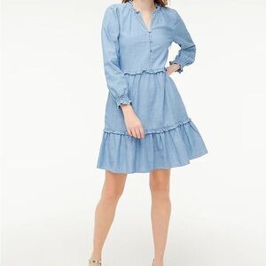 J. CREW Chambray ruffle mini modern Prairie Long Sleeve Modest Button Dress